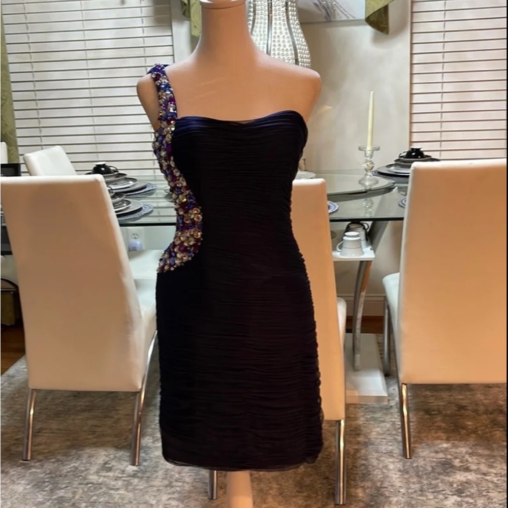 Hannah One-Shoulder Navy Dress with Purple Accents